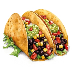 Aquarel taco's clipartset - 20 Mexicaanse straatvoedselillustraties met rundvlees-, kip- en garnalenvullingen - Taco Tuesday-kunst, fastfoodkunst