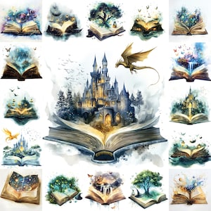 20 Betoverde Fantasy Boeken – Magische Verhalenboek Clipart, Aquarel Open Boeken, Sprookjeskastelen, Mystieke Illustraties, Digitale Download