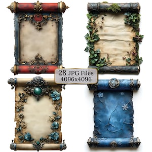 魔法の巻物クリップアートセット – 28種類のファンタジー縦型巻物（装飾的なハンドル、花柄、炎のデザイン、ペーパークラフト、ジャンクジャーナル、RPGアセット付き）