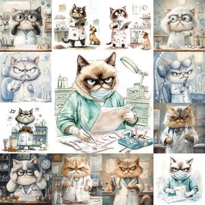 13 Grumpy Doctor Cat clipart Set zabawna i przerażająca medyczna sztuka kota dla dentystów, lekarzy i pielęgniarek, zestaw sztuki ściennej, rzemiosło papierowe, Scrapbooking