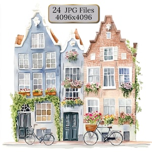 Imágenes prediseñadas de acuarela de casas adosadas de Ámsterdam: 24 ilustraciones de casas holandesas, bicicletas, escenas de temporada, scrapbooking, diario y decoración del hogar.