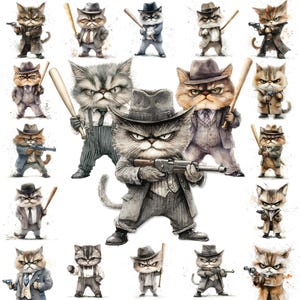 Grumpy Mafia Cat Clipart Set - Funny 1950s Gangster Watercolor Illustrations, Perfect for Digital Projects and Memes, Watercolorart