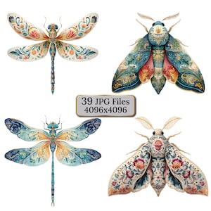 Libellules et papillons de nuit – 39 insectes aquarelles aux motifs floraux, ailes botaniques fantaisistes, art fantastique, insectes magiques, décoration murale
