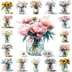 Clipart de pots de fleurs à l'aquarelle – 21 bouquets floraux en pots Mason avec pivoines, marguerites, tournesols, fleurs sauvages, invitations, scrapbooking