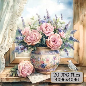 Shabby Chic Bloempotten Clipart, 20 Aquarel Vintage Illustraties, Antieke Bloempotten met Pioenrozen, Rozen en Lavendel, Rusticart