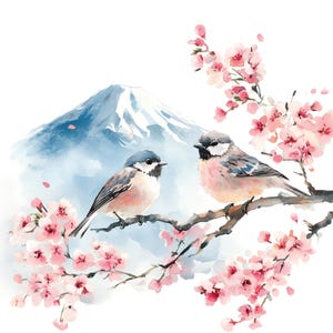 28 Watercolor Birds on Sakura Branches Clipart – Japanese Style Cherry Blossom Birds, Floral Spring Art for Print & Design, Scrapbooking