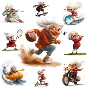 10 grappige oma clipart - actieve oma's in de sport - schattige oudere dames, junk journaling, scrapbooking, kaart maken, instant download