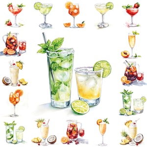 Paquete de imágenes prediseñadas de acuarela de cócteles de verano: mojito, margarita, piña colada, Aperol Spritz, sangría, bellini y refrescante decoración artística para la cocina.