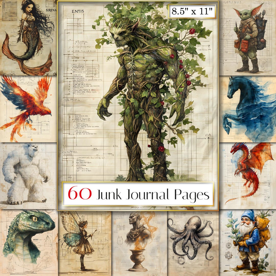 Fantasy Bestiary Junk Journal Pages, Mythical Creatures, Blueprint ...