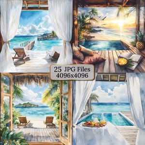25 Tropisch Paradijs Venster Uitzichten, Aquarel Clipart, Ontspannende Strandtaferelen, Ocean Resort Esthetiek, Open Venster Uitzicht, Kalmerende Illustraties