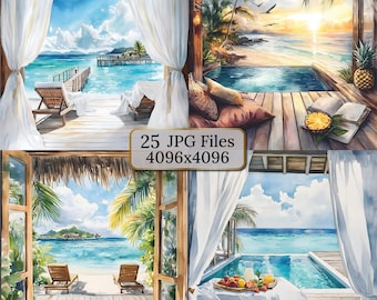 25 Tropical Paradise Window Views, Watercolorclipart, Relaxing Beach Scenes, Ocean Resort Aesthetic, Open Window View, Calming Illustrations