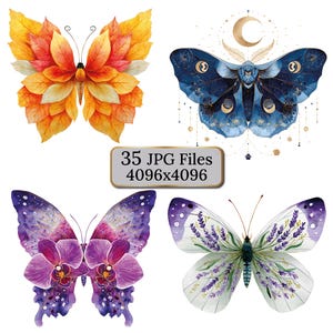 Clipart de papillons floraux, 35 papillons fantaisie à l'aquarelle avec fleurs, feuilles, étoiles, lunes, scrapbooking, invitations, décoration murale, journaux