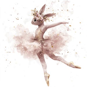 15 Graceful Bunny Ballerina Clipart Set, Ethereal Pink Smoke Art avec des accents dorés, élégant Boho Rabbit Design pour cartes et impressions, bricolage