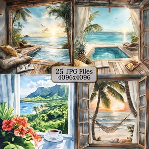 25 Tropisch Paradijs Venster Uitzichten, Aquarel Clipart, Ontspannende Strandtaferelen, Ocean Resort Esthetiek, Open Venster Uitzicht, Kalmerende Clipart