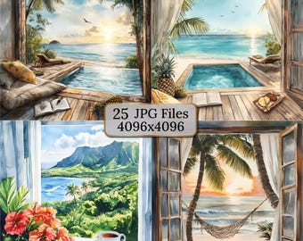 25 Tropical Paradise Window Views, Watercolorclipart, Relaxing Beach Scenes, Ocean Resort Aesthetic, Open Window View, Calming Clipart