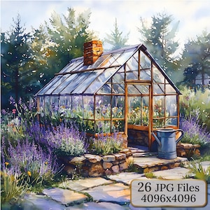 Clipart de Estufa em Aquarela – 26 Ilustrações de Jardim de Inverno com Flores e Vasos, Arte Botânica Rústica, Projetos de Impressão Digital