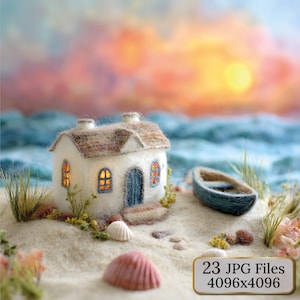 Felt Style Cozy Cottage Clipart – 23 Wool Landscape Art Prints, Cute Handmade Houses, Digital Felted Scenes for Wall Art & Craft Use