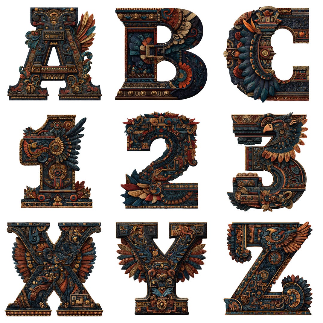 Aztec Alphabet & Numbers Clipart – 36 Ornate Tribal Letters A-Z Digits0 ...