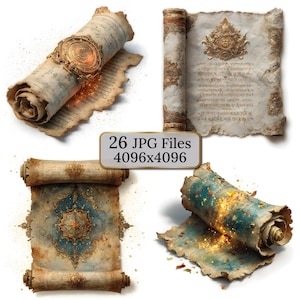 Magic Vintage Scrolls Clipart, 26 Watercolor Fantasy Scrolls, Ancient Manuscripts, Mystical Spell Papers, Paper craft, Junk Journals, RPGArt