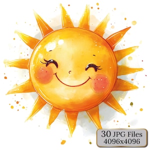 かわいい水彩画の太陽のクリップアートセット、雲と虹を描いた笑顔の