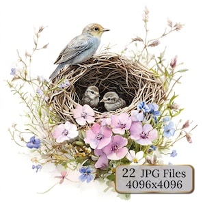 Charming Bird Nests & Baby Birds – 22 Watercolor Clipart | Nature-Inspired Botanical Illustrations | Scrapbooking, Stickers, Rusticart