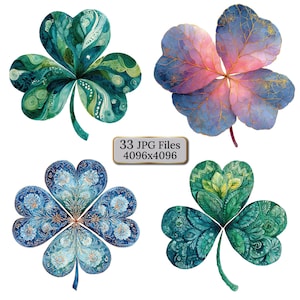 Clover Leaf Clipart Bundle – 33 Watercolor Four-Leaf and Three-Leaf Clovers with Ornamental Patterns, Botanical Lucky Charm Art