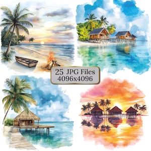 Pacchetto Clipart Spiaggia - 25 illustrazioni tropicali ad acquerello di tramonti sull'oceano, palme, bungalow sull'acqua, barche, amache e decorazioni estive
