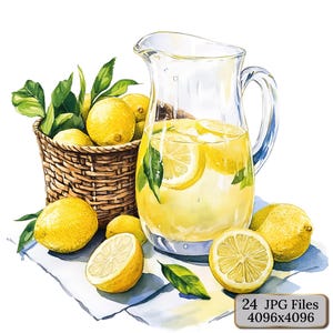 24 set di clipart ad acquerello di limonata fresca, limoni, brocche di vetro, foglie di menta, bevande estive, rinfrescanti decorazioni da cucina a base di agrumi
