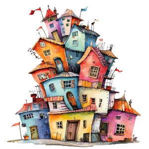 Whimsical Fantasy Houses Clipart – 28 Colorful Cartoon Buildings with Curved Walls, Tilted Towers & Surreal Architecture, Scrapbooking