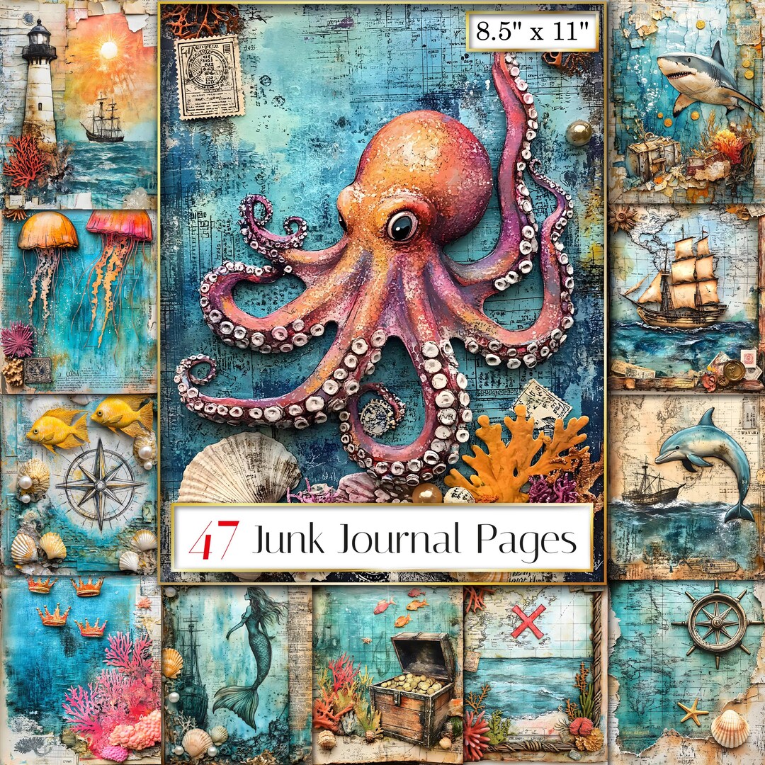 Ocean Adventure Junk Journal Pages, Nautical Pirate Sea Life Collage ...