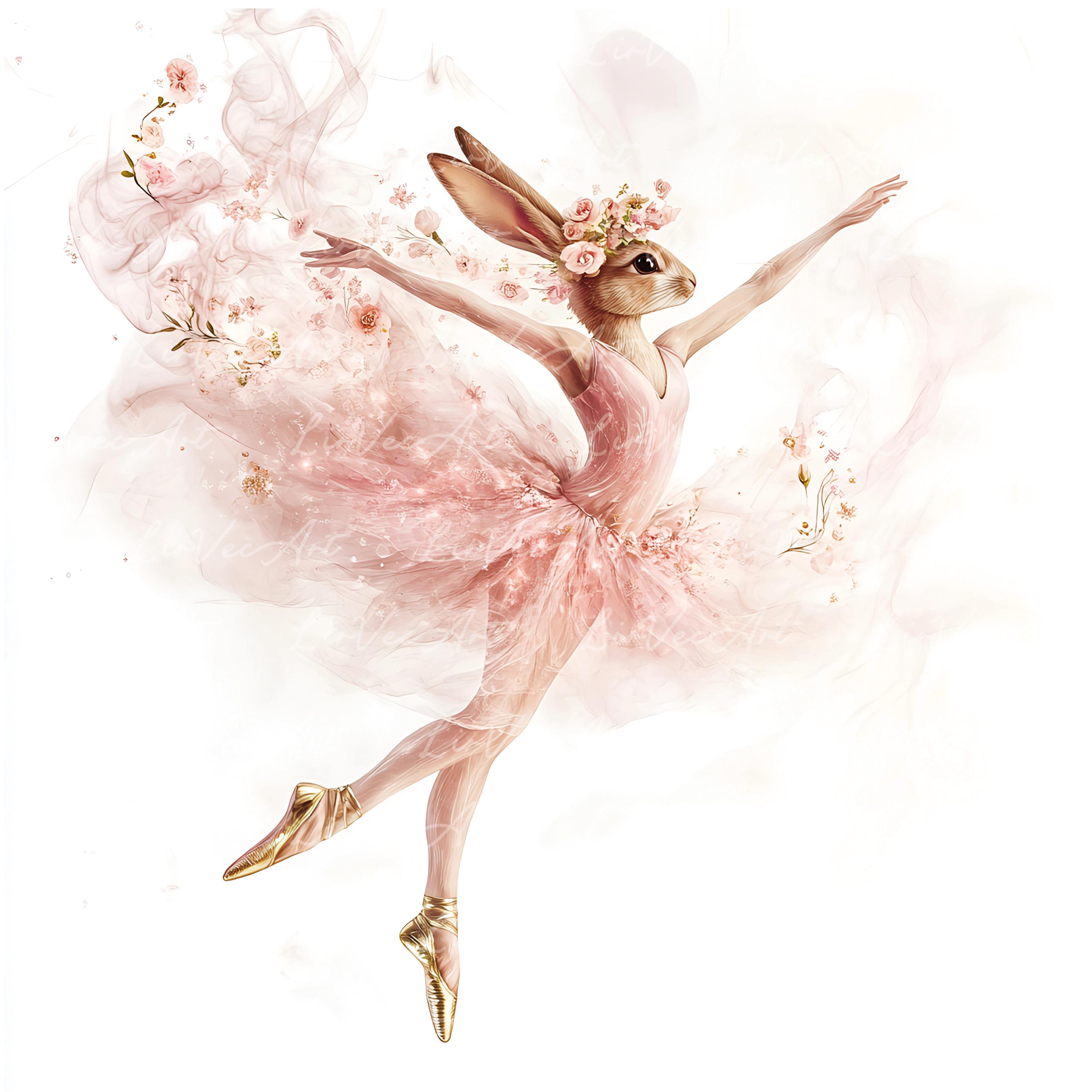 15 Graceful Bunny Ballerina Clipart Set, Ethereal Pink Smoke Art With ...