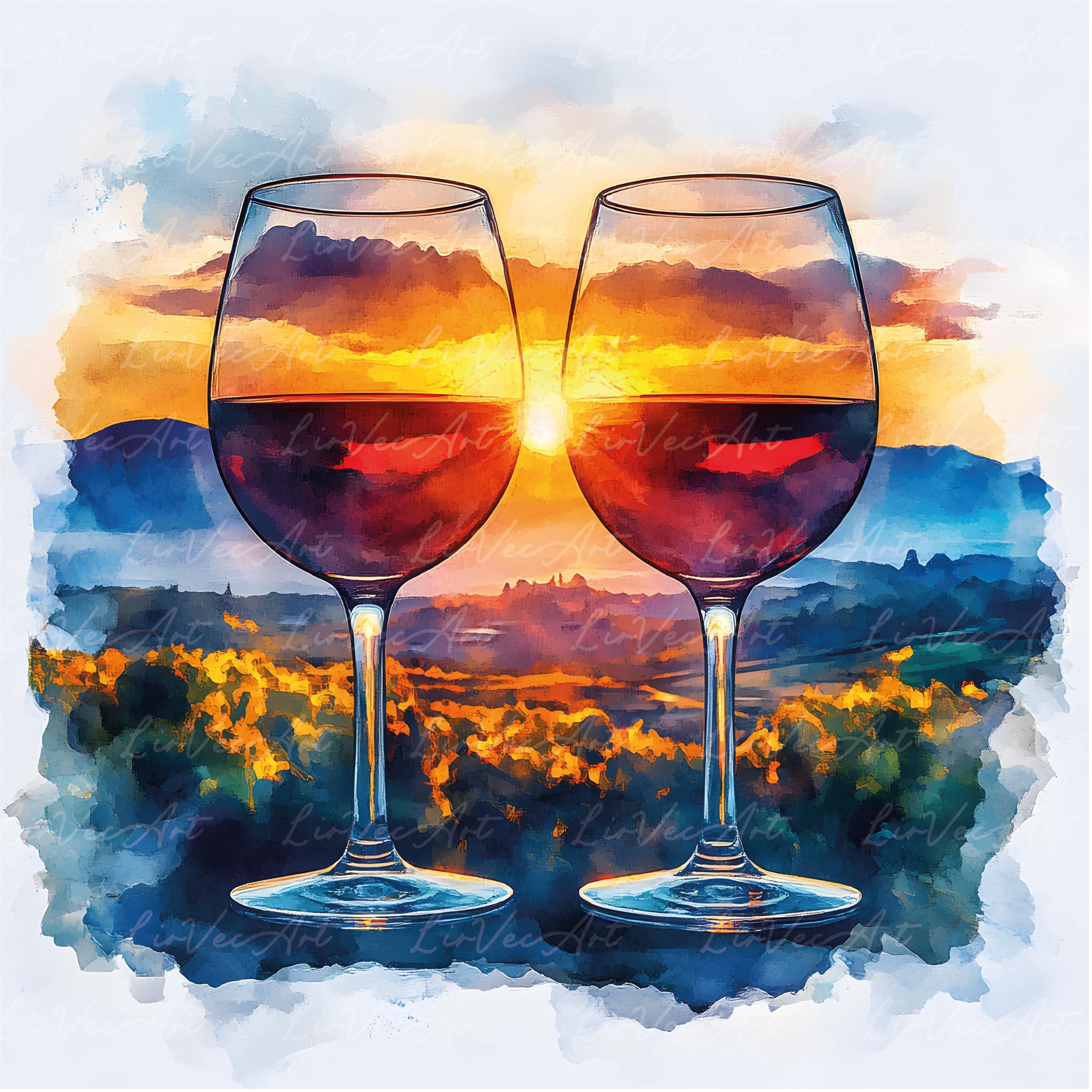 ワインの水彩画クリップアート – ブドウ、ブドウ園、ワイングラス