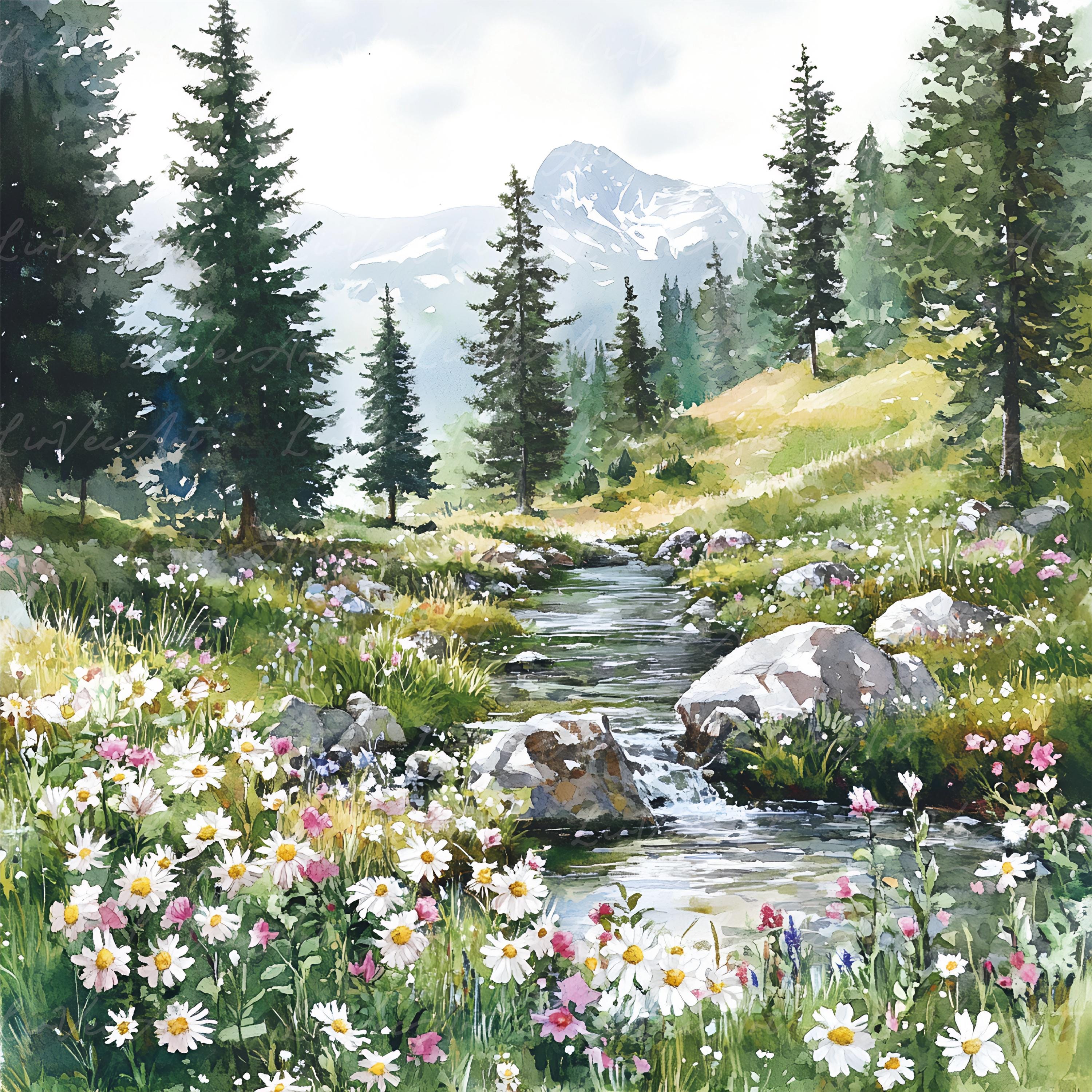 Watercolor Mountain Forest Landscapes – 25 Scenic Summer Nature Clipart Images, Pine Trees, Wildflowers & Rivers, Planners, Junk Journals