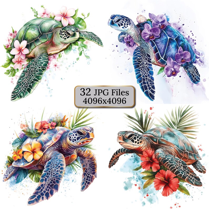 Watercolor Sea Turtle Clipart β 32 Floral Ocean Animal Illustrations ...