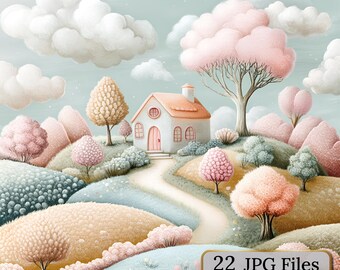 22 Whimsical Watercolor Landscape Clipart – Dreamy Fairy Tale Countryside, Cottagecore Village, Enchanted Hills & Pastel Trees, Home Decor