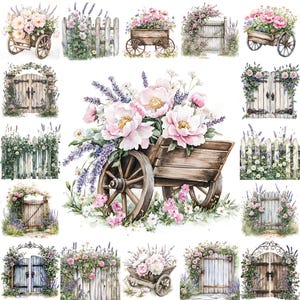 Rustic Wooden Fences, Gates & Vintage Flower Carts – 20 Watercolor Clipart | Cottagecore Botanical Illustrations, Scrapbooking, Rusticart