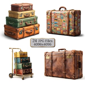 Vintage Luggage Clipart – 24 Retro Travel Suitcases, Open Trunks and Trolleys with Travel Items – Realistic Antique Travel Set, Scrapbooking