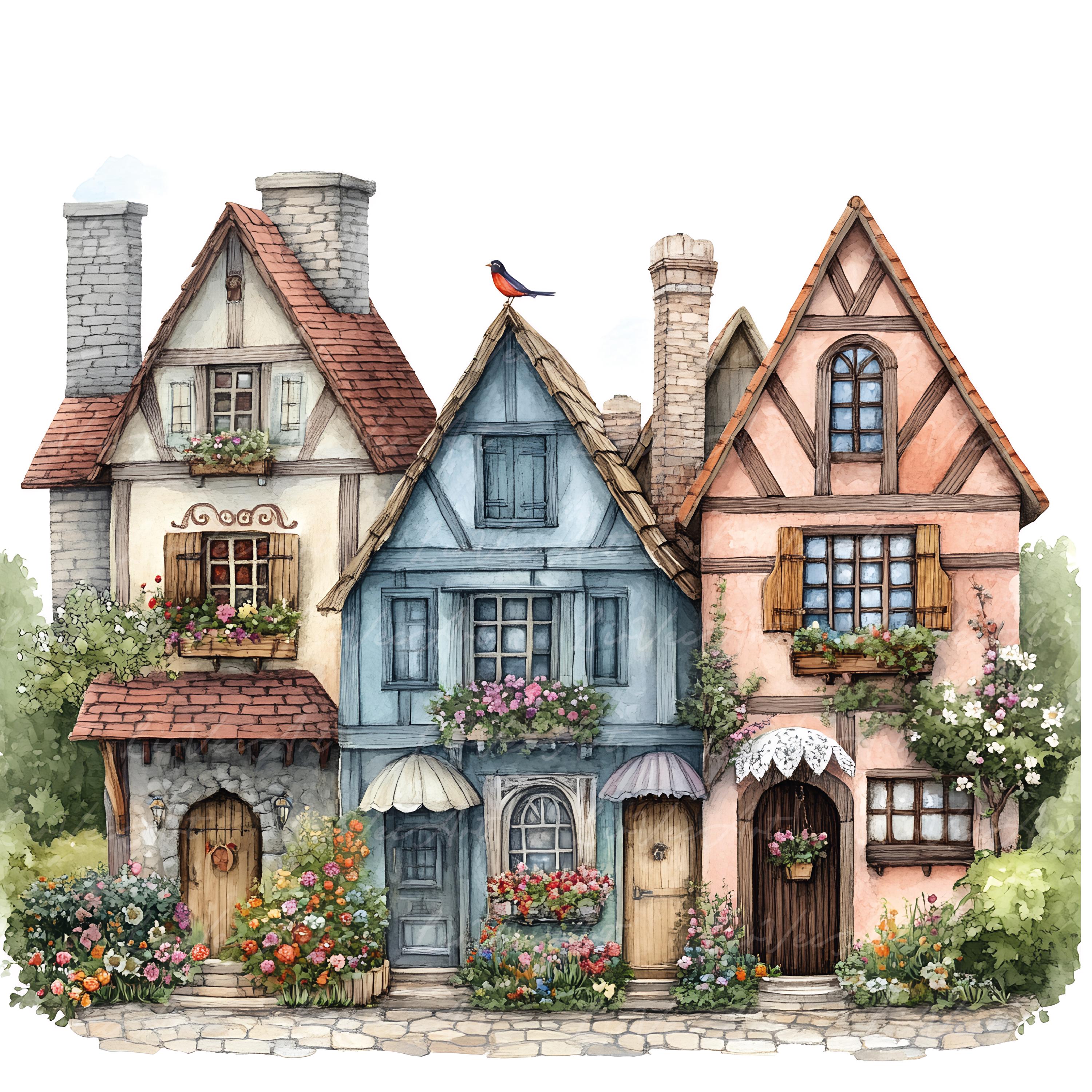 Watercolor Whimsical Cottage Houses Clipart – Fairytale Floral Homes ...