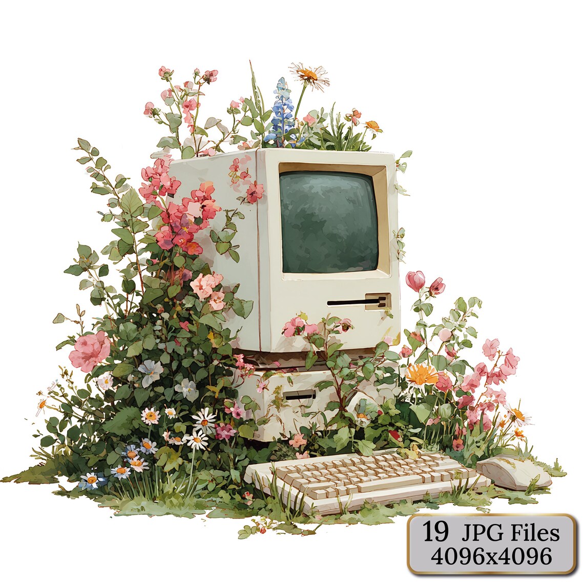 Retro Tech Clipart With Flowers,19 Watercolor Illustrations of Vintage ...