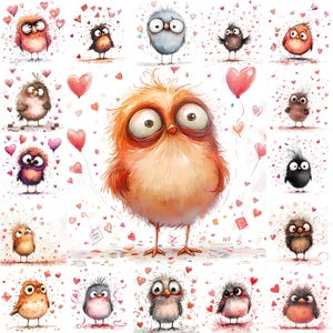 21 Funny Whimsical Valentine’s Birds – Cute Watercolor Clipart, Funny Love Birds, Quirky Avian Characters, Scrapbook Images, Invitations