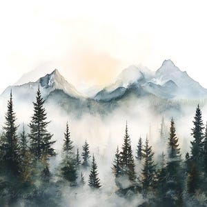 20 cliparts de forêts de pins brumeuses à l'aquarelle - Arbres à feuilles persistantes brumeux, art des bois d'hiver et d'automne pour les impressions, l'image de marque, l'aquarelle
