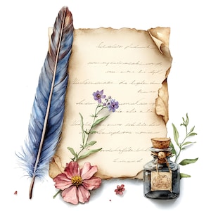 Carta vintage, Clipart di scrittura, 19 pagine acquerellate con bottiglie, piume, fiori, bordi bruciati, lavori di carta, diari di scarto, risorse per giochi di ruolo