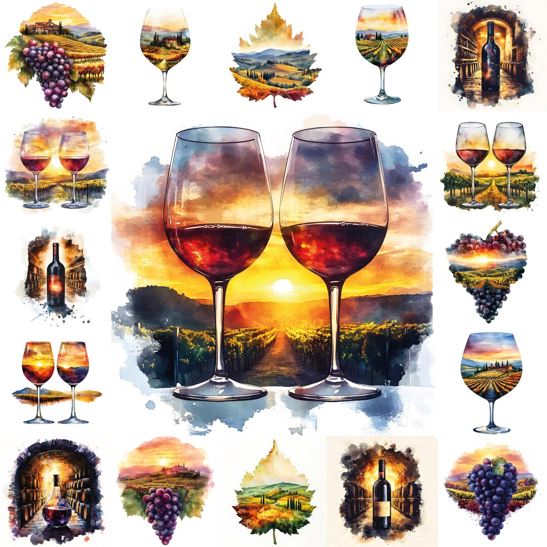 ワインの水彩画クリップアート – ブドウ、ブドウ園、ワイングラス