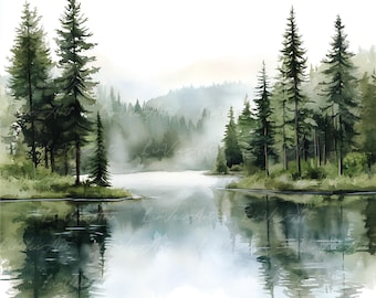 Watercolor Forest Lake Clipart – 25 Misty Pine Tree Landscape Illustrations with Reflections, Autumn Sunrise Scenes, Planners, Junk Journals