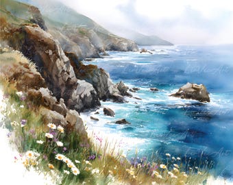 California Coastline Watercolor Clipart Set – 33 Scenic Prints of Iconic Beaches, Cliffs, Lighthouses & Ocean Views, Postcards, Scrapbooking