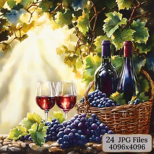 ワインの水彩画クリップアート – ブドウ、ブドウ園、ワイングラス