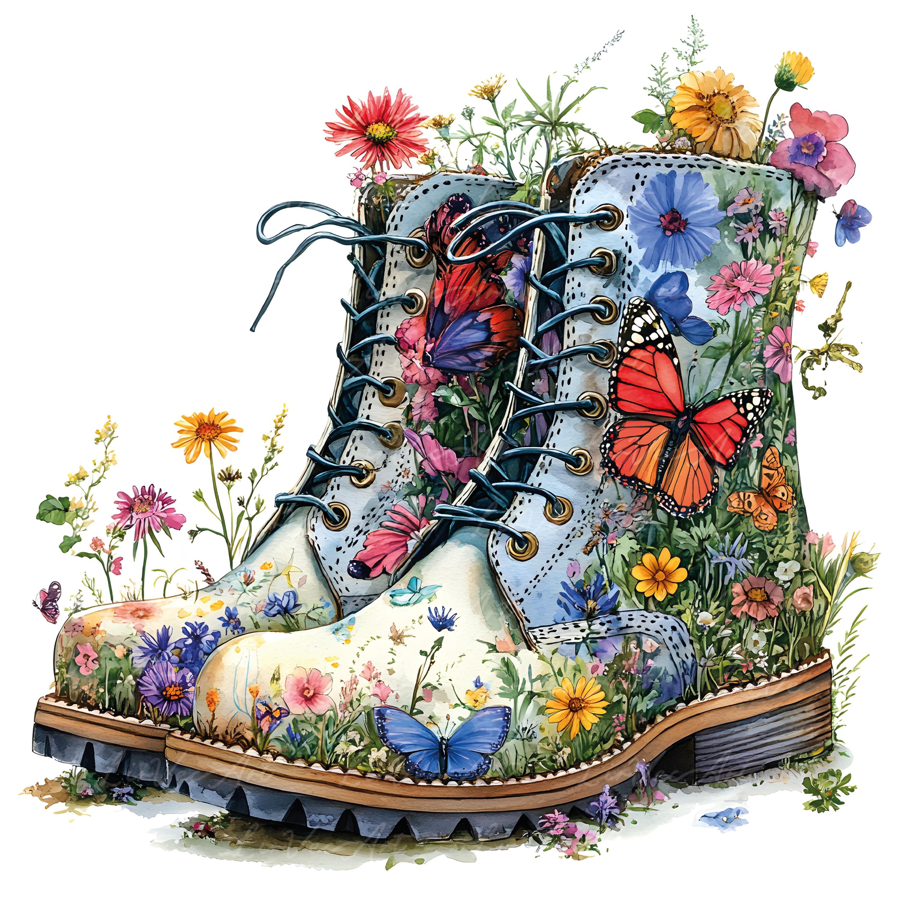 水彩画風ブーツ＆スニーカーのクリップアート33点 - 苔むした靴、野花