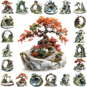 30 Asian Zen Watercolor Landscapes, Japanese Pagoda Garden & Bonsai Clipart Set, Wallart, Posters