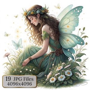 19 Magical Watercolor Fairy Clipart – Spring and Summer Fantasy Fairy Girl Illustrations with Flowers and Butterflies, Watercolorclipart