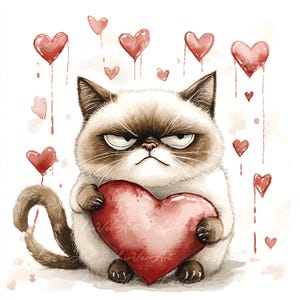 21 divertenti gatti scontrosi di San Valentino, clipart sarcastiche anti-San Valentino, arte acquerello del gatto scontroso, gatti divertenti dell'amore, biglietti di auguri e inviti
